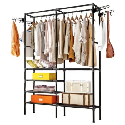 Suport pentru haine din metal 6 rafturi cu 2 bare de suspendare 86x30x180cm ALB