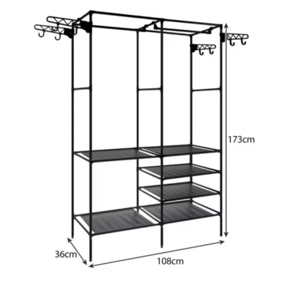 Suport pentru haine din metal 6 rafturi cu 2 bare de suspendare 86x30x180cm ALB