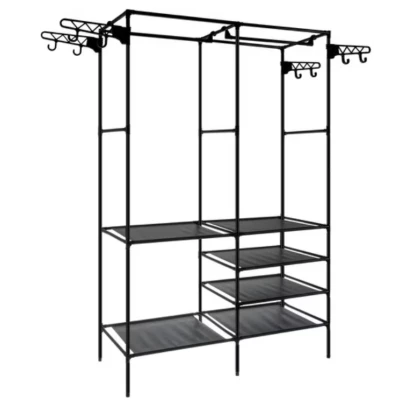 Suport pentru haine din metal 6 rafturi cu 2 bare de suspendare 86x30x180cm ALB