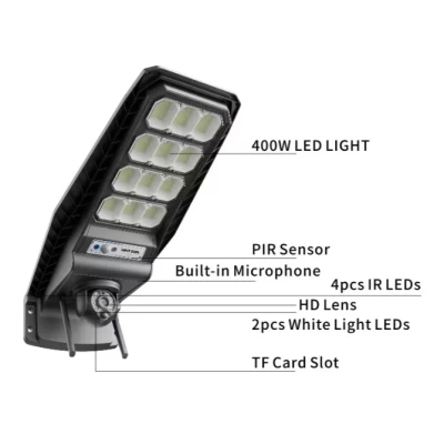 Lampa solara stradala JORTAN 400W cu Camera de Supraveghere 4G Jortan 3MP Ultra HD Vedere Color Noaptea Control din Telefon