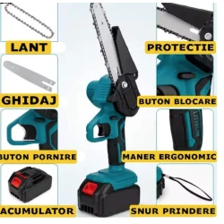 Mini Drujba electrica portabila cu 2 acumulatori 48V Li ion 1500 mAh 2 Lanturi