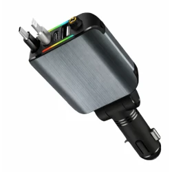 Incarcator auto retractabil rapid 4 in 1 cu lumina ambientala cablu USB C 120W 2 porturi USB type C si lightning 