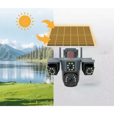 Camera de supraveghere cu panou solar si 4 lentile 4G cu senzor miscare si alarma GRI leduri multiple