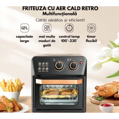 Friteuza cu aer cald retro 1360W capacitate 12L cu geam transparent