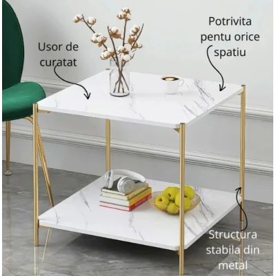 Masuta de cafea moderna cu blat tip marmura si cadru auriu 40 x 40 x 43cm