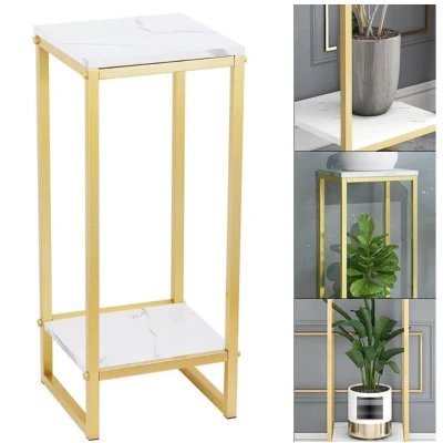 Suport decorativ pentru flori cu 2 niveluri cadru metalic auriu si polite tip marmura