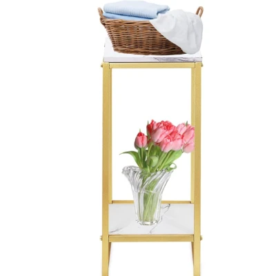 Suport decorativ pentru flori cu 2 niveluri cadru metalic auriu si polite tip marmura