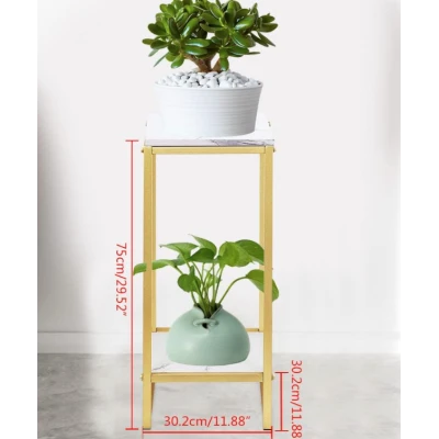 Suport decorativ pentru flori cu 2 niveluri cadru metalic auriu si polite tip marmura