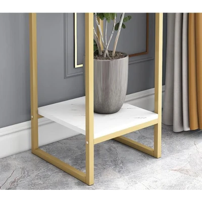 Suport decorativ pentru flori cu 2 niveluri cadru metalic auriu si polite tip marmura