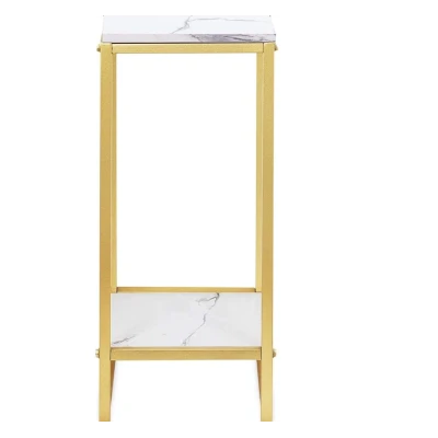 Suport decorativ pentru flori cu 2 niveluri cadru metalic auriu si polite tip marmura