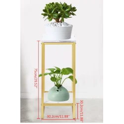 Suport decorativ pentru flori cu 2 niveluri cadru metalic auriu si polite tip marmura