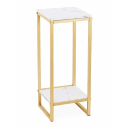 Suport decorativ pentru flori cu 2 niveluri cadru metalic auriu si polite tip marmura