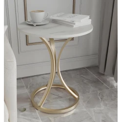 UB Masuta de cafea rotunda moderna cu blat alb stil marmura si cadru metalic AURIU