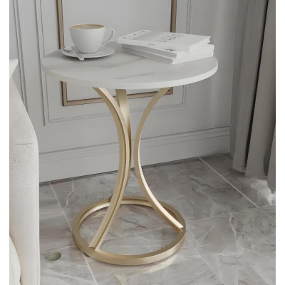 UB Masuta de cafea rotunda moderna cu blat alb stil marmura si cadru metalic AURIU