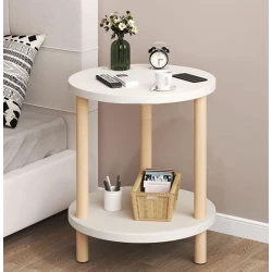 Masuta rotunda moderna cu polita blat alb si picioare din lemn 40 x 53 cm