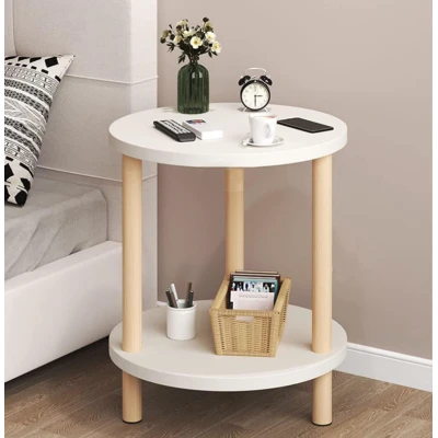 Masuta rotunda moderna cu polita blat alb si picioare din lemn 40 x 53 cm