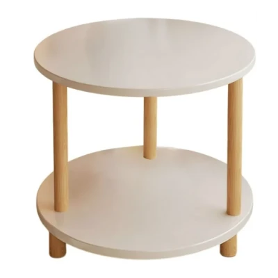 Masuta rotunda moderna cu polita blat alb si picioare din lemn 40 x 53 cm