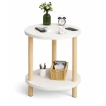 Masuta rotunda moderna cu polita blat alb si picioare din lemn 40 x 53 cm
