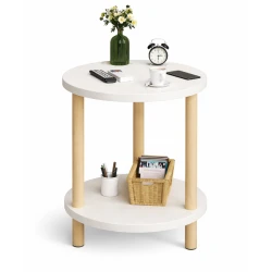 Masuta rotunda moderna cu polita blat alb si picioare din lemn 40 x 53 cm