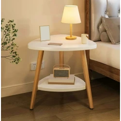 Masuta moderna cu 2 polite blat alb si picioare din lemn 50 x 40 cm triunghi