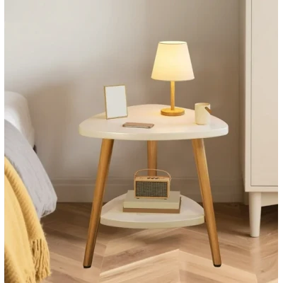 Masuta moderna cu 2 polite blat alb si picioare din lemn 50 x 40 cm triunghi