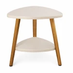 Masuta moderna cu 2 polite blat alb si picioare din lemn 50 x 40 cm triunghi