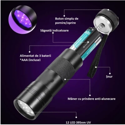Mini Lanterna UV cu Iluminare ultravioleta autentificarea documentelor si bancnotelor 9cm