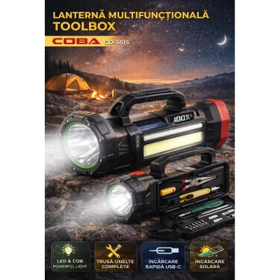 Lanterna multifunctionala CB 5515 tip trusa scule cu LED puternic COB si incarcare USB C