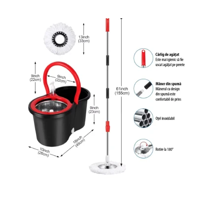 Set mop rotativ si galeata cu sistem de stoarcere maner reglabil din otel Inoxidabil cu 5 rezerve