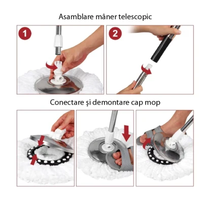 Set mop rotativ si galeata cu sistem de stoarcere maner reglabil din otel Inoxidabil cu 5 rezerve