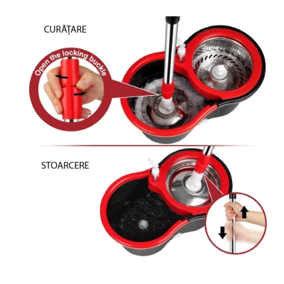 Set mop rotativ si galeata cu sistem de stoarcere maner reglabil din otel Inoxidabil cu 5 rezerve