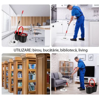 Set mop rotativ si galeata cu sistem de stoarcere maner reglabil din otel Inoxidabil cu 5 rezerve