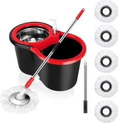 Set mop rotativ si galeata cu sistem de stoarcere maner reglabil din otel Inoxidabil cu 5 rezerve