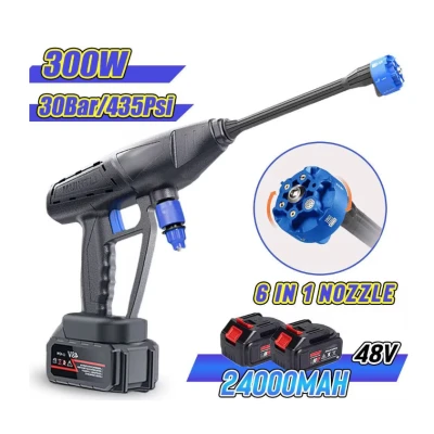 Aparat de spalat cu presiune portabil 300W de 70Bar tip 6 in 1 duza 1 baterie 1200mAh negru/albastru