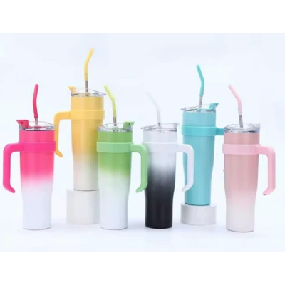 Pahar cu maner si pai reutilizabil marime MARE capac etans design modern degrade