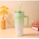 Pahar cu maner si pai reutilizabil marime MARE capac etans design modern degrade