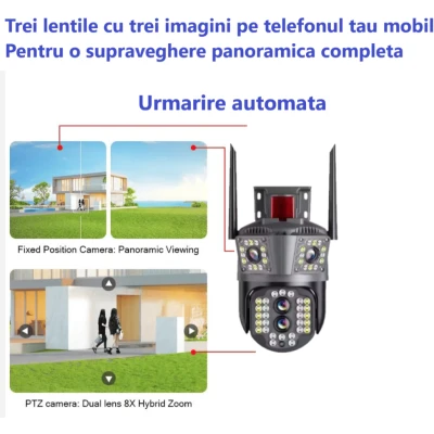 Camera de supraveghere tripla 4K WiFi Zoom 10x PTZ Detectare Umana Auto Tracking IP66