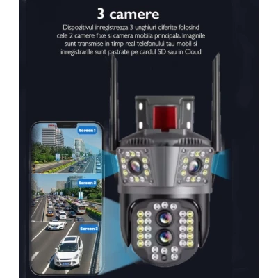Camera de supraveghere tripla 4K WiFi Zoom 10x PTZ Detectare Umana Auto Tracking IP66