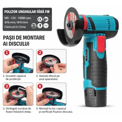 Mini polizor unghiular 20cm de 12V putere 750W cu 19500 rpm 2 Discuri 76 mm 2 Acumulatori