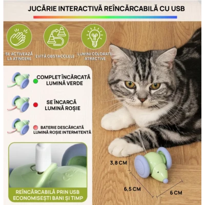 Jucarie automata soricel pentru pisici evita obstacolele miscari aleatorii Coada LED RGB