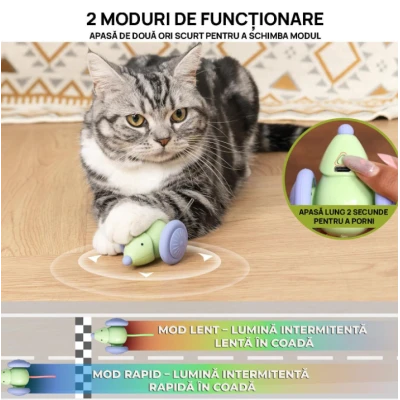 Jucarie automata soricel pentru pisici evita obstacolele miscari aleatorii Coada LED RGB
