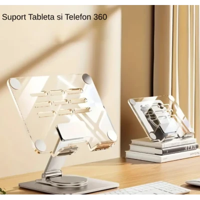 Suport de birou pentru tableta pliabil si 360 grade unghi reglabil transparent KP930 aluminiu acrilic