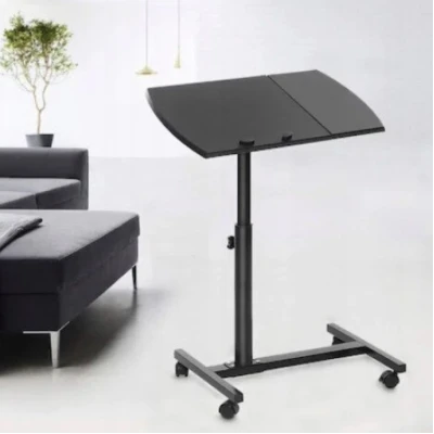 Masa pentru laptop cu roti neagra reglarea inaltimii unghiului blatului mesei inaltime maxima 80 cm