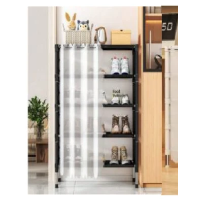 Organizator pantofi 5 rafturi suport metalic cu perdea negru 58x26x78cm