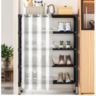 Organizator pantofi 5 rafturi suport metalic cu perdea negru 58x26x78cm