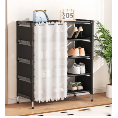 Organizator pantofi 5 rafturi suport metalic cu perdea negru 58x26x78cm
