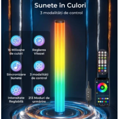 Set 2 lampi LED smart RGB cu lumina ambientala sincronizare muzicala WiFi Mutiple Moduri Aplicatie Pentru Filme Gaming Negru
