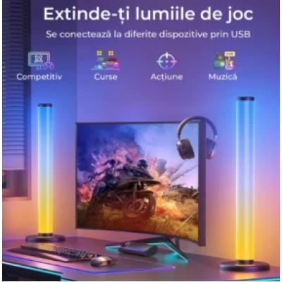 Set 2 lampi LED smart RGB cu lumina ambientala sincronizare muzicala WiFi Mutiple Moduri Aplicatie Pentru Filme Gaming Negru
