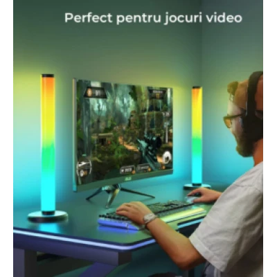 Set 2 lampi LED smart RGB cu lumina ambientala sincronizare muzicala WiFi Mutiple Moduri Aplicatie Pentru Filme Gaming Negru