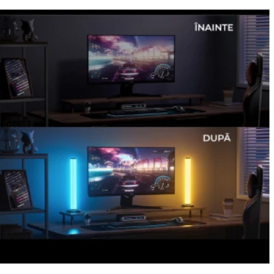 Set 2 lampi LED smart RGB cu lumina ambientala sincronizare muzicala WiFi Mutiple Moduri Aplicatie Pentru Filme Gaming Negru